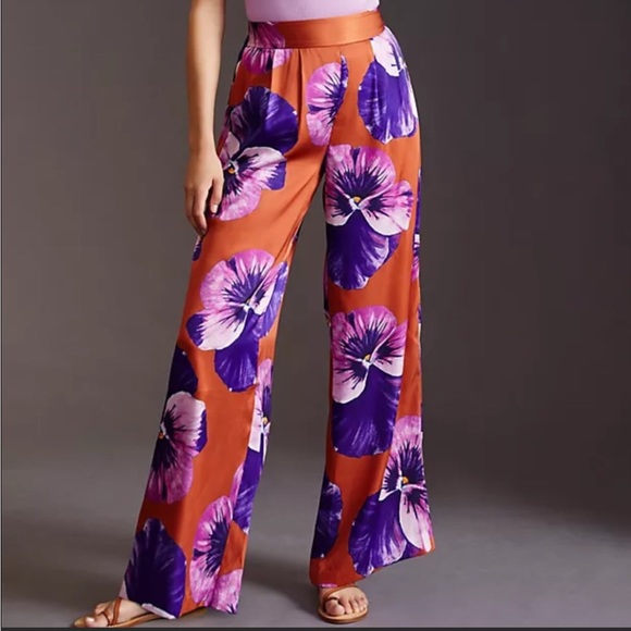 Anthropologie Pants - Anthropologie Wide-Leg Pants in Rust with Purple & Pink Floral Print